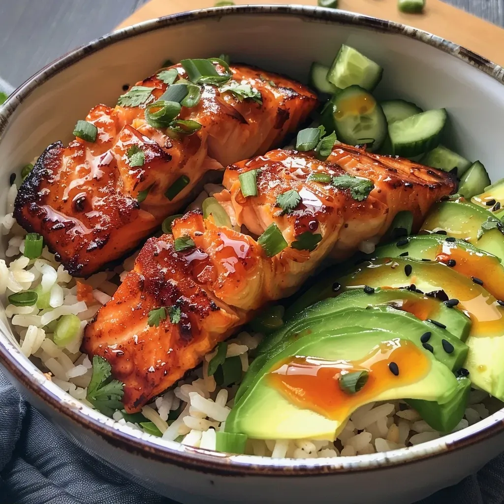 Juicy honey glazed salmon served on a bed of brown rice with avocado and cucumber in a vibrant bowl.