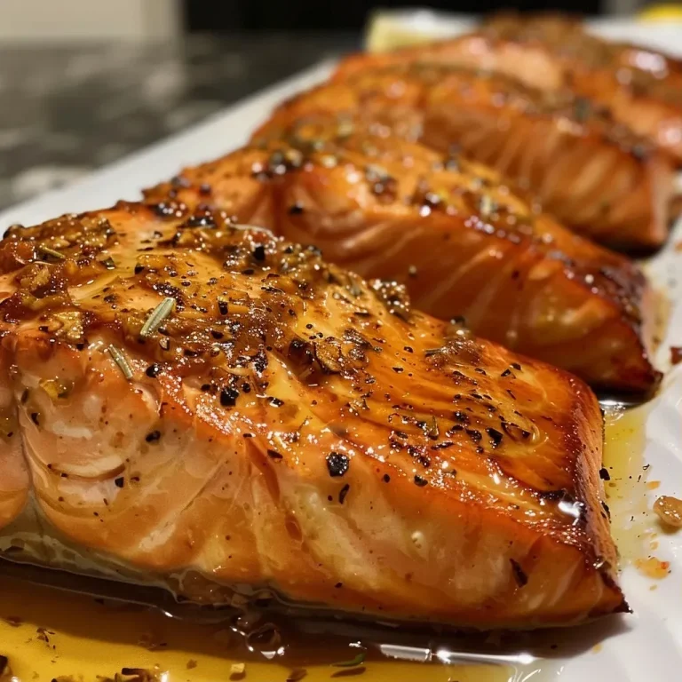 Juicy honey glazed salmon filet with a shiny caramelized surface, side view.
