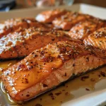 Close-up of juicy honey glazed salmon fillet on a white plate.