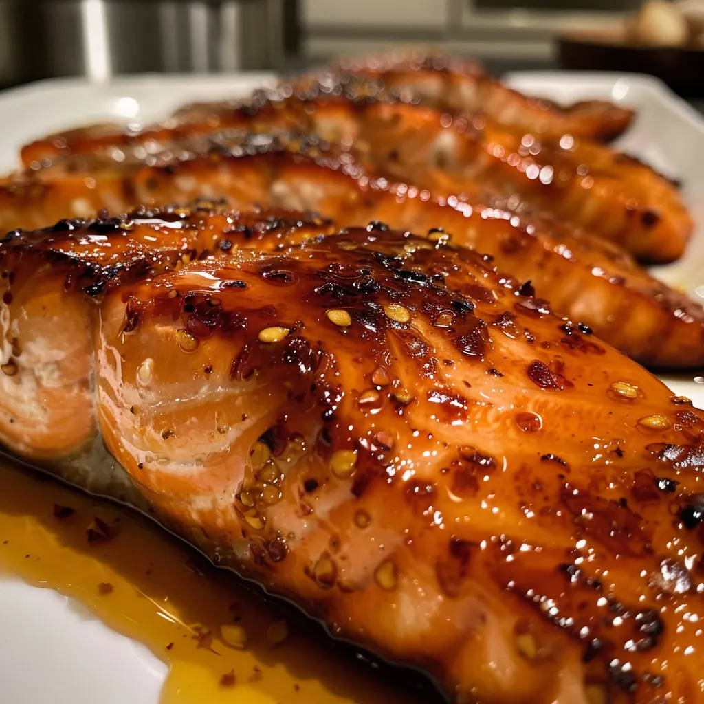 Glazed salmon with golden honey coating and a sprinkle of herbs.