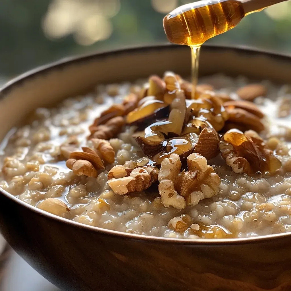 Side shot of a creamy bowl of honey nut oatmeal with a sprinkle of cinnamon.