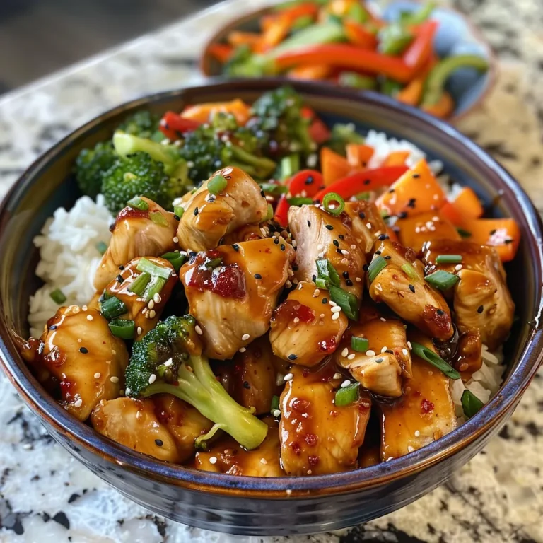 A close-up view of a Hot Honey Chicken Bowl featuring juicy chicken, mixed vegetables, and rice.