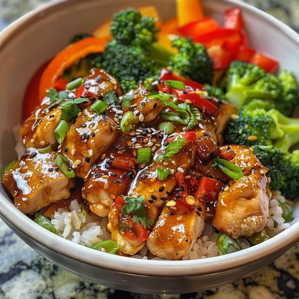 Side view of a colorful Hot Honey Chicken Bowl with chicken, vegetables, and rice in a serving bowl.
