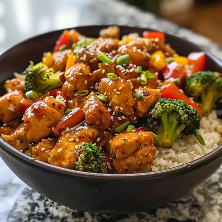 Close-up view of a hot honey chicken bowl with vibrant mixed vegetables and rice.