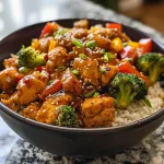 Close-up view of a hot honey chicken bowl with vibrant vegetables and rice.