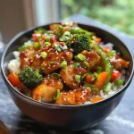Close-up view of a hot honey chicken bowl featuring juicy chicken, colorful vegetables, and grains.