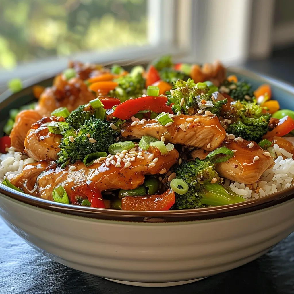 Side view of a bowl containing chicken, mixed veggies, and honey sauce.