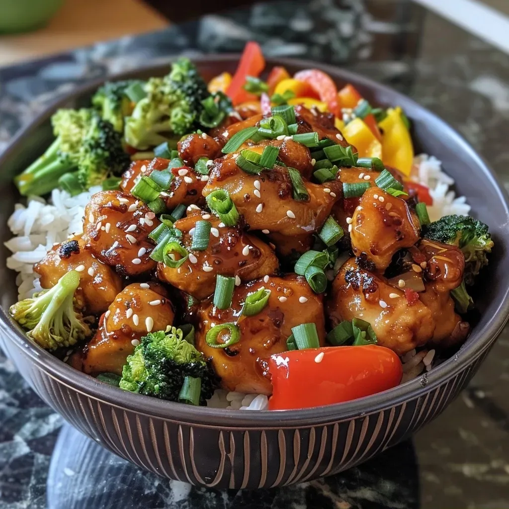 Side shot of a delicious hot honey chicken bowl with vibrant bell peppers and broccoli over quinoa.