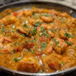 A bowl of Indian Coconut Shrimp Curry with vibrant colors and garnished with cilantro.