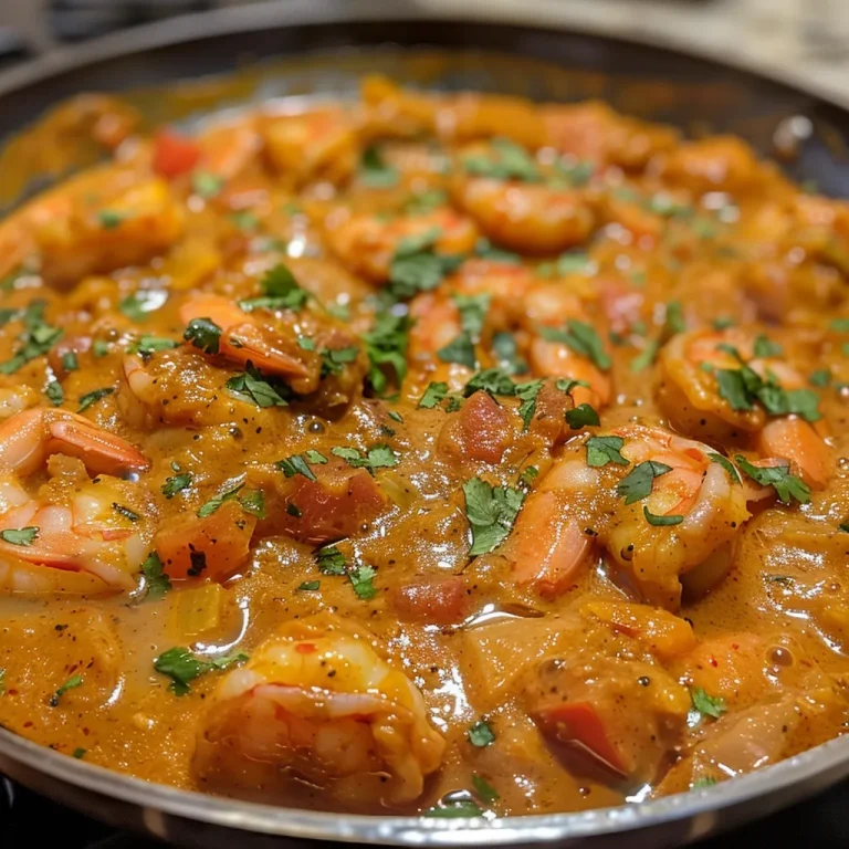 A bowl of Indian Coconut Shrimp Curry with vibrant colors and garnished with cilantro.
