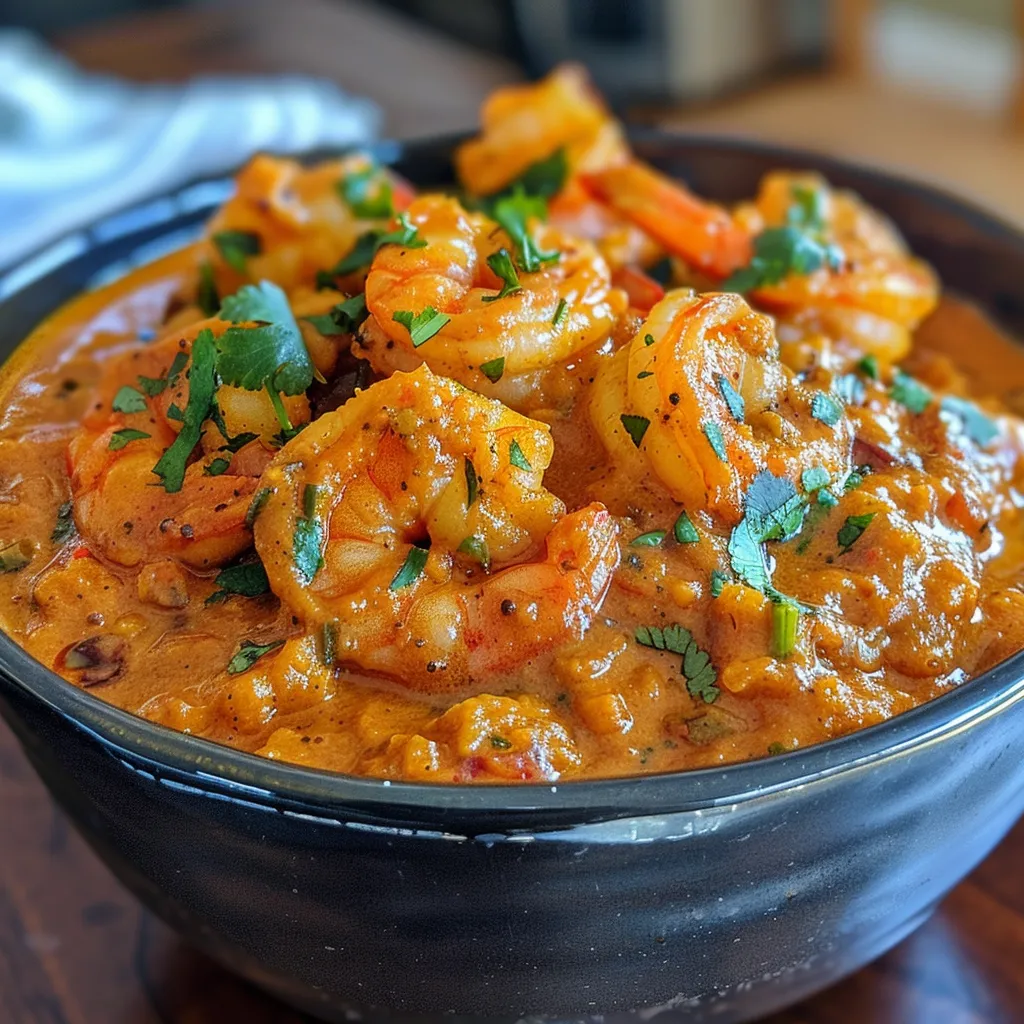 Close-up view of a creamy coconut shrimp curry featuring succulent shrimp and spices.