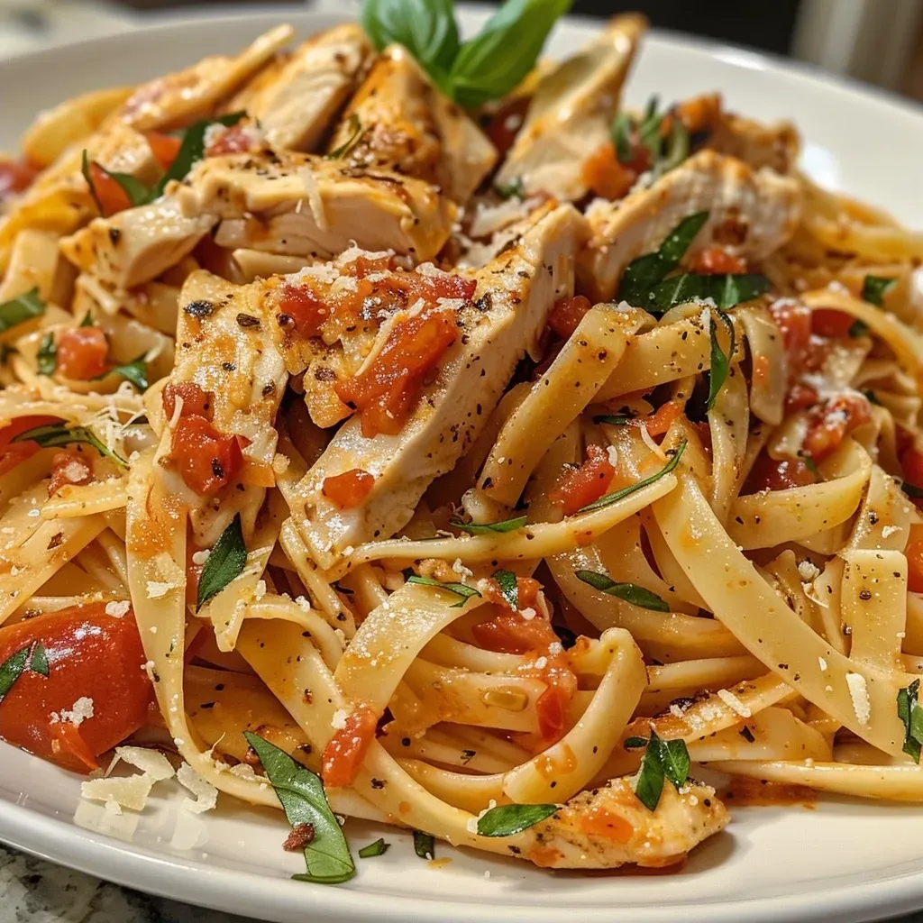 A side view of juicy Italian chicken pasta with fettuccine and a rich tomato sauce.