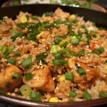 Close-up of Japanese Chicken Fried Rice featuring tender chicken and vibrant vegetables.
