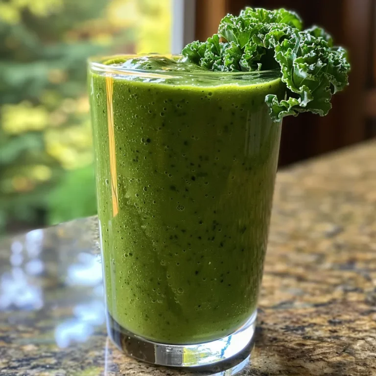 A side view of a vibrant green kale smoothie in a clear glass with ice cubes.