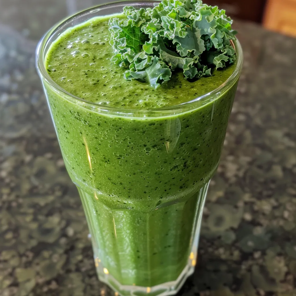 A close-up photo of a refreshing kale smoothie, showcasing its rich green color and thick texture.