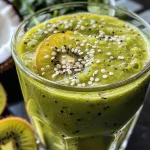 Close-up view of a creamy green smoothie with kiwi pieces and spinach.