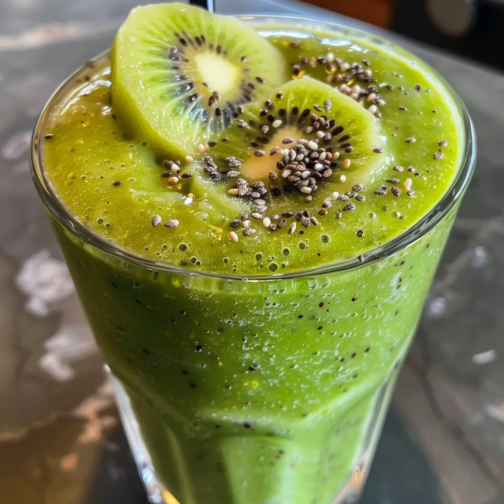 Side view of a refreshing kiwi spinach coconut smoothie in a clear glass.