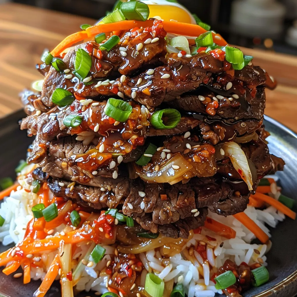 Side view of a layered dish featuring warm rice, grilled beef, fresh vegetables, and garnished with sesame seeds.