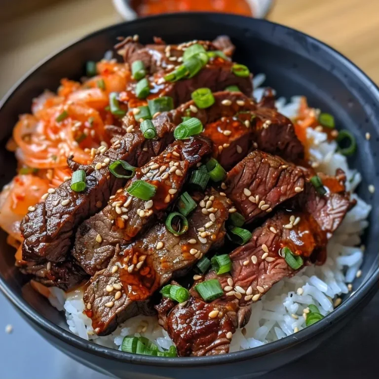 Close-up side view of a Korean BBQ steak rice bowl topped with spicy cream sauce.