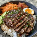 Close-up of a Korean BBQ steak rice bowl topped with spicy cream sauce, garnished with herbs.