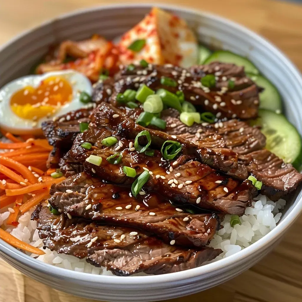 Side view of a delicious Korean BBQ steak rice bowl, featuring cubed steak and a drizzle of creamy sauce.