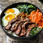 Close-up side view of a colorful Korean Beef Bibimbap Bowl with vibrant vegetables and rice.