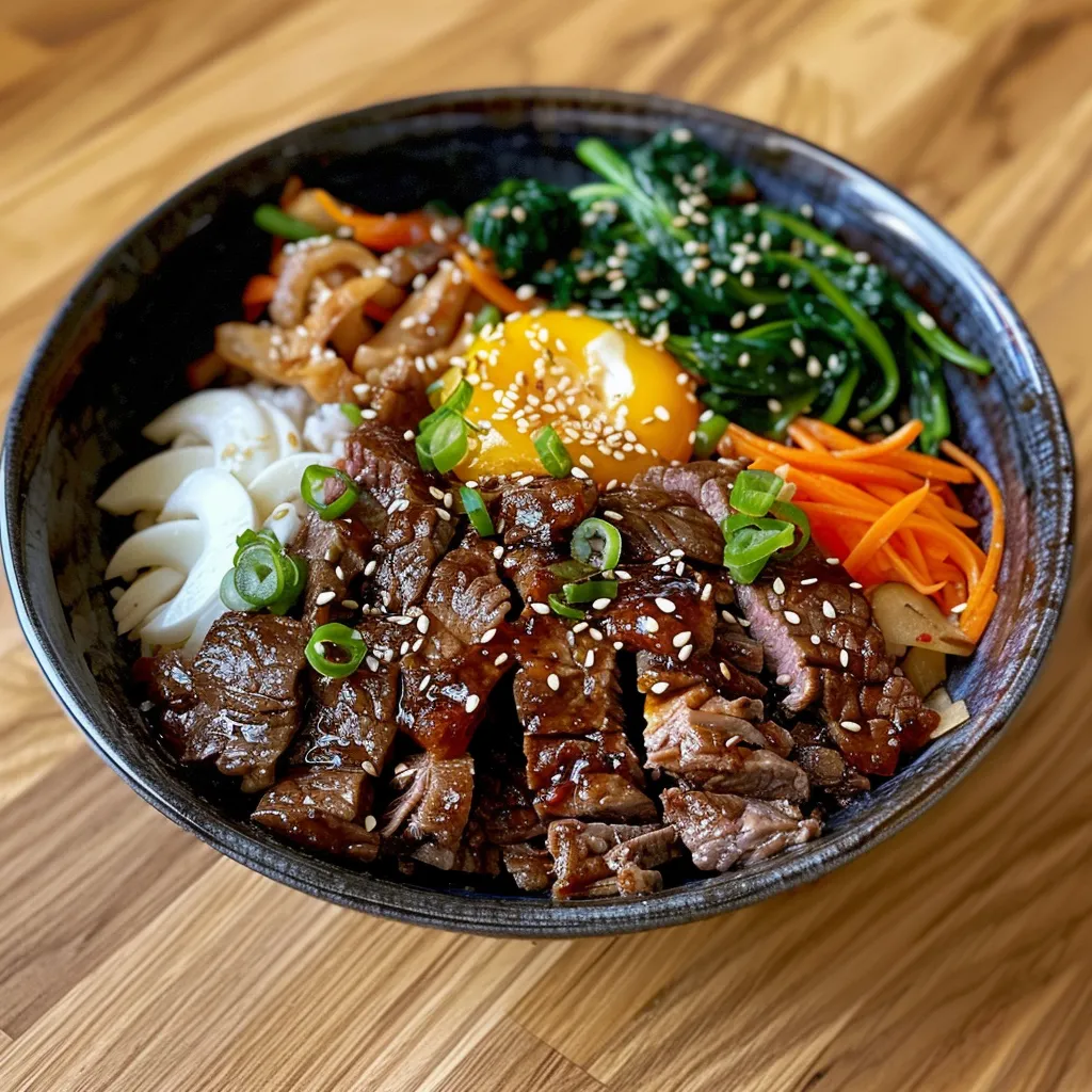 A beautifully arranged Korean Beef Bibimbap Bowl showcasing thinly sliced beef and fresh toppings.