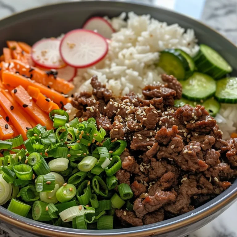 Unleash Flavor with These Sweet & Savory Korean Beef Bowls! Close-up view of a Korean Beef Bowl topped with green onions and sesame seeds.
