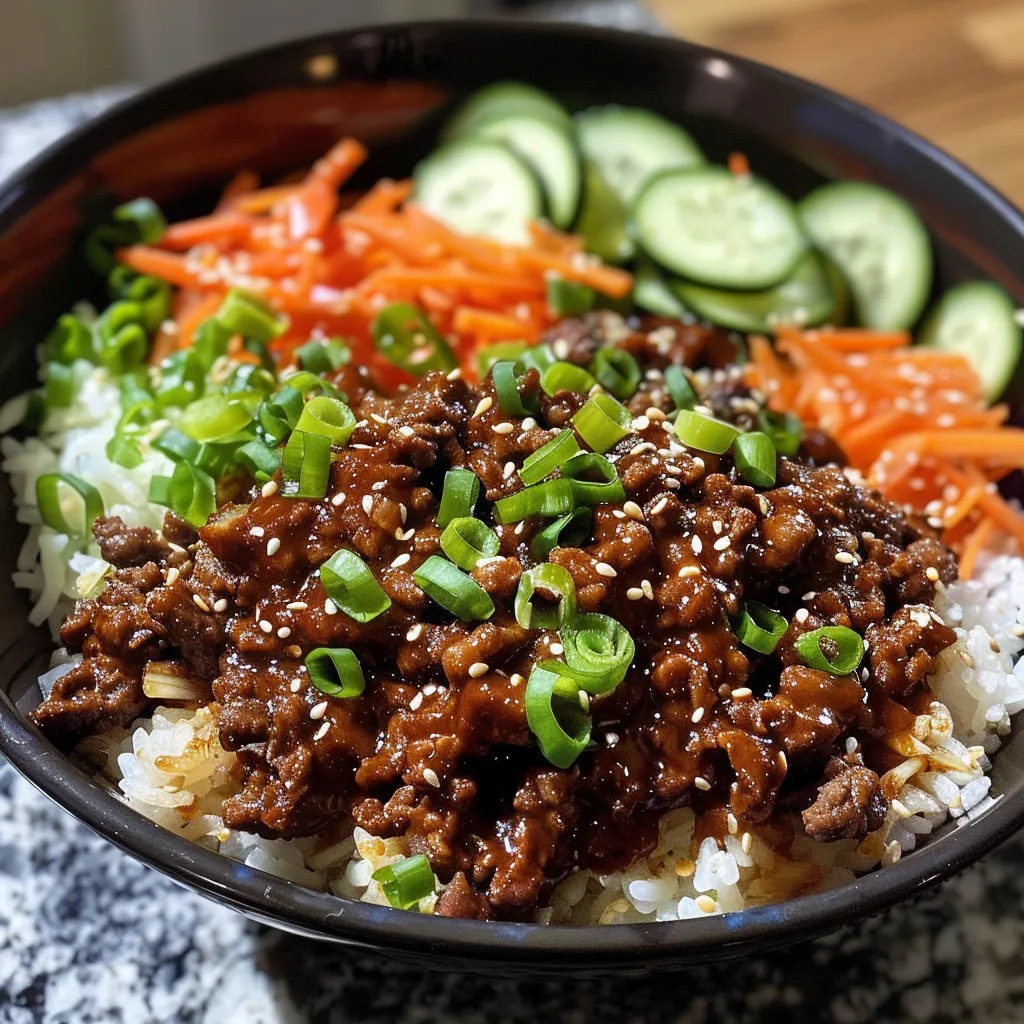 Juicy Korean Beef Bowl featuring sliced carrots, cucumbers, and radishes.