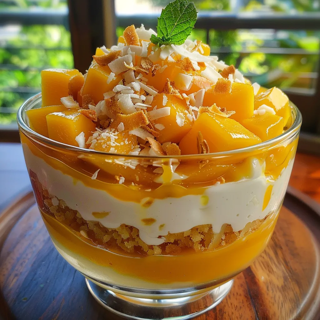 Close-up of a pudding cup filled with mango and coconut layers, garnished with toasted coconut shavings and mint leaves.