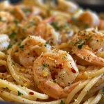 A close-up side view of a plate of lemon garlic shrimp pasta garnished with fresh parsley.