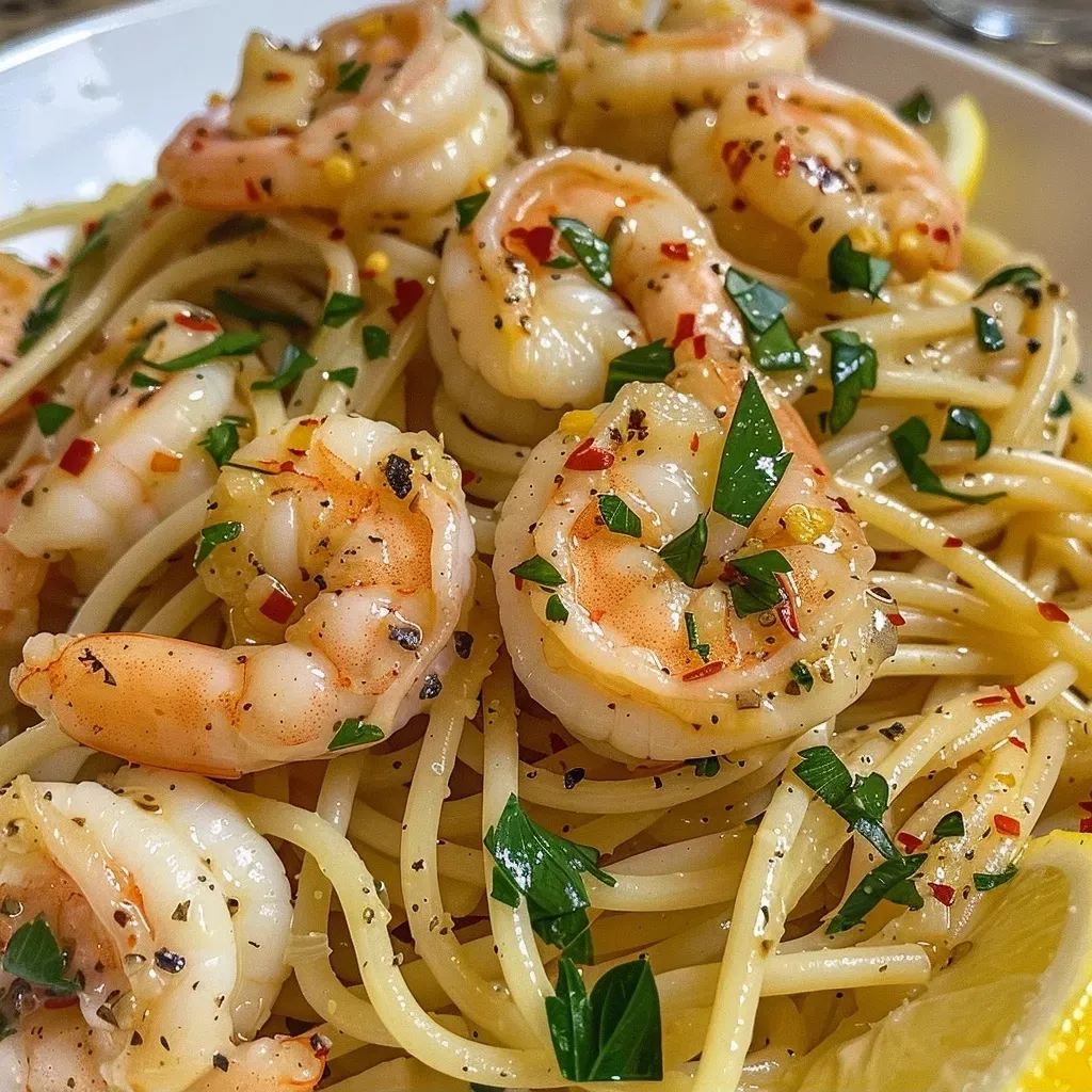 Juicy shrimp and spaghetti intertwined in a lemon garlic sauce, viewed from the side.