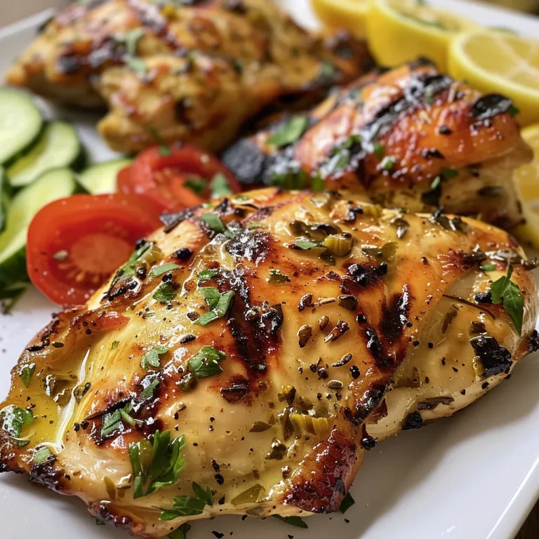 Zesty Lemon Herb Grilled Chicken with Irresistible Garlic Butter Rice Close-up view of grilled chicken marinated with lemon herbs on a plate.
