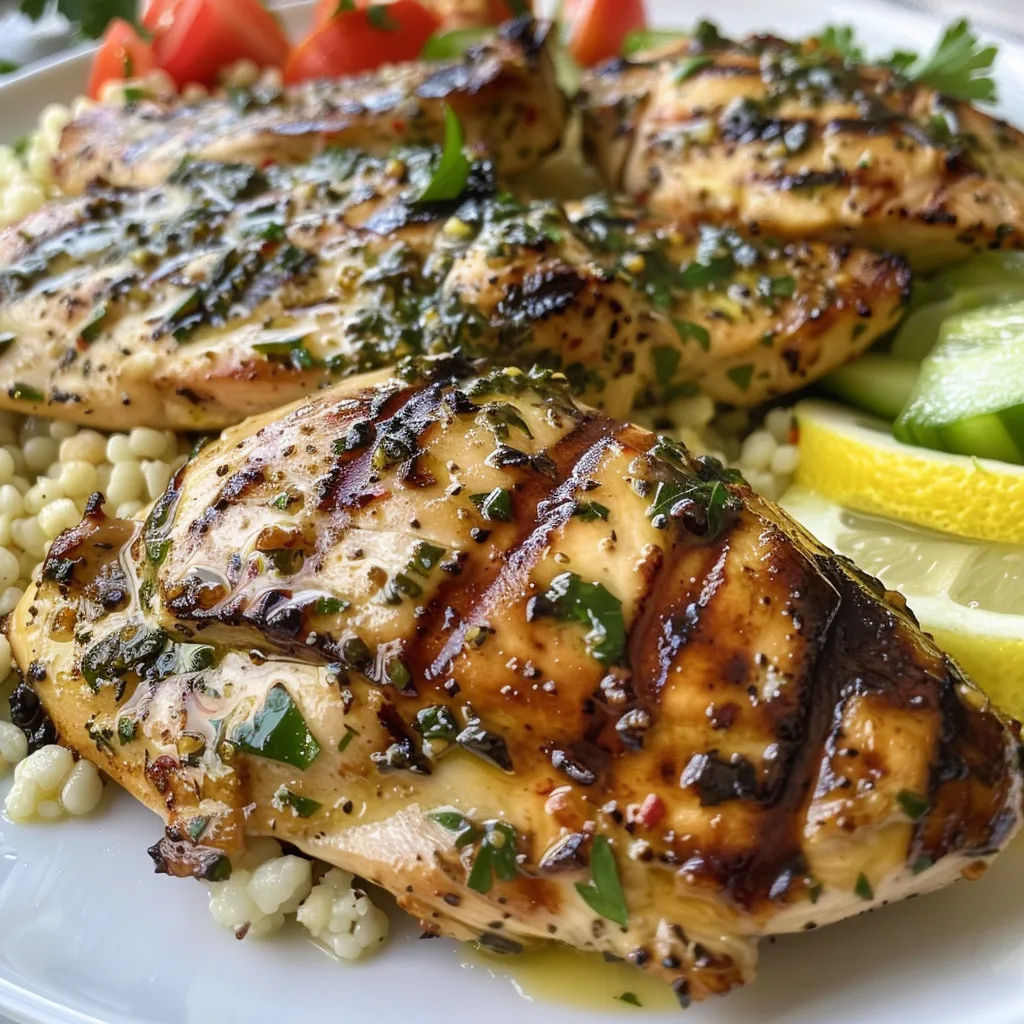 Juicy Lemon Herb Grilled Chicken served with garlic butter rice, garnished with parsley.