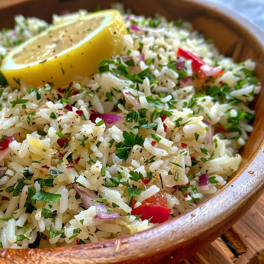 ['Close-up view of a vibrant lemon rice salad with colorful vegetables and a sprinkle of Parmesan cheese.', 'Side view of a delicious lemon rice salad featuring rice, red peppers, and herbs, presented in a bowl.', 'Fresh lemon rice salad with diced vegetables, olive oil drizzle, and lemon zest on top.', 'A well-composed plate of lemon rice salad showcasing bright colors and textures from various ingredients.']