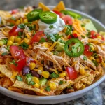 Close-up view of a vibrant loaded chicken nacho bowl with colorful ingredients.