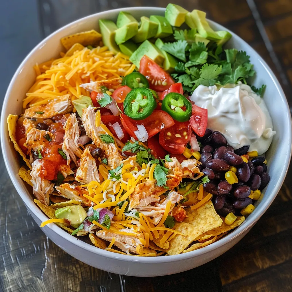 Juicy loaded chicken nachos displayed in a bowl, showcasing a variety of toppings.