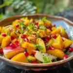 A vibrant bowl of Mango Apple Salad topped with pomegranate dressing and mint leaves.
