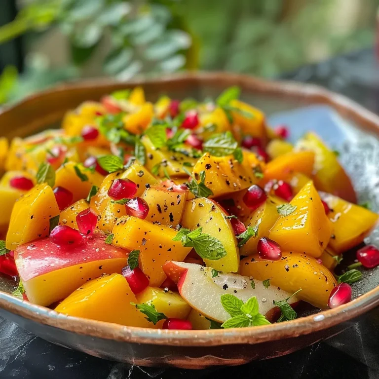 A vibrant bowl of Mango Apple Salad topped with pomegranate dressing and mint leaves.