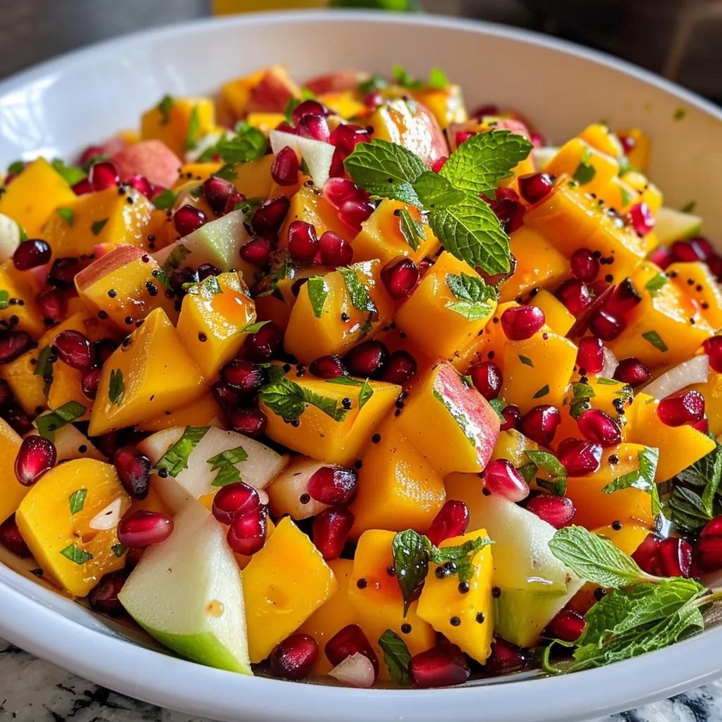 Close-up view of mango and apple salad drizzled with red pomegranate dressing.