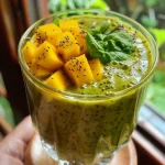 Close-up view of a vibrant mango spinach smoothie in a glass, showcasing its green and orange hues.