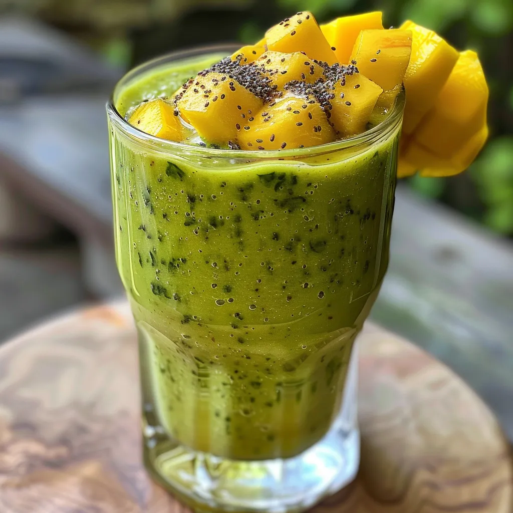 Side angle of a delicious mango spinach smoothie, with fresh ingredients displayed nearby.