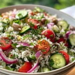 Close-up view of a vibrant Mediterranean Rice Salad with fresh ingredients.