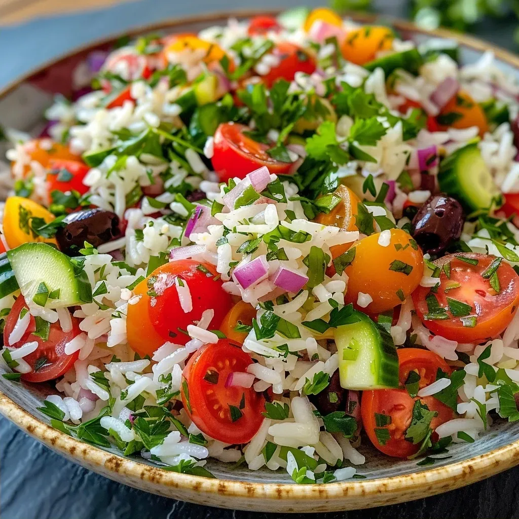 Side angle of a colorful Mediterranean Rice Salad featuring rice, vegetables, and olives.