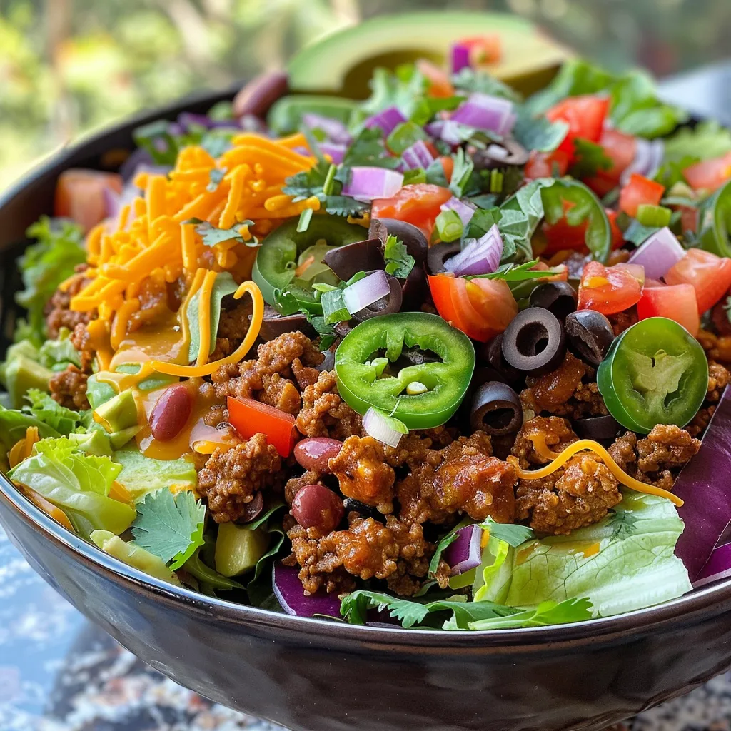 Side view of a hearty taco salad bowl filled with ground beef, vegetables, and toppings.