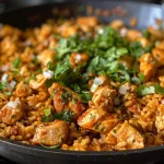 Close-up view of a bowl filled with vibrant Mexican chicken and rice.