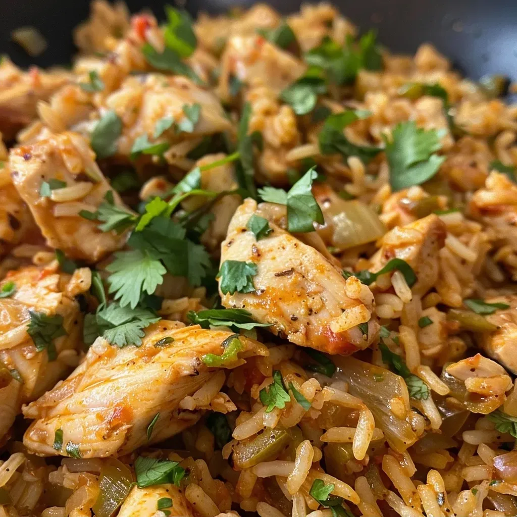 Juicy chicken pieces mixed with rice, garnished with fresh cilantro.
