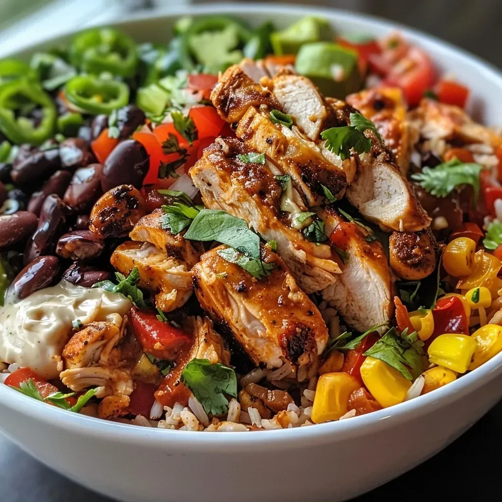 Side view of a colorful Mexican chicken burrito bowl featuring grilled chicken.