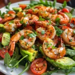 Close-up view of a vibrant Mexican-style shrimp avocado salad with arugula, shrimp, and grapefruit.