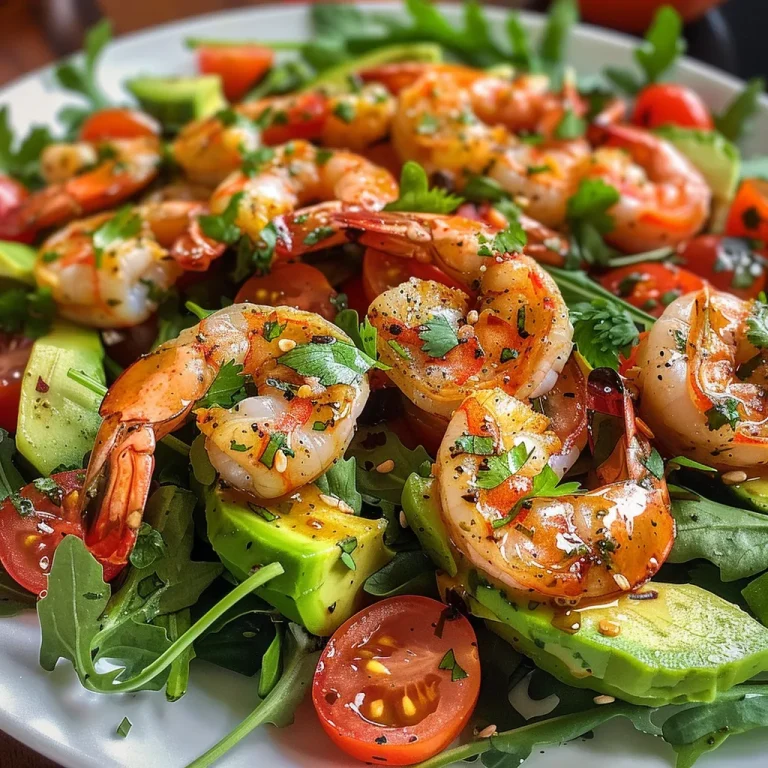 Dive into Vibrant Flavor: The Ultimate Mexican-Style Shrimp Avocado Salad! Close-up view of a vibrant Mexican-style shrimp avocado salad with arugula, shrimp, and grapefruit.